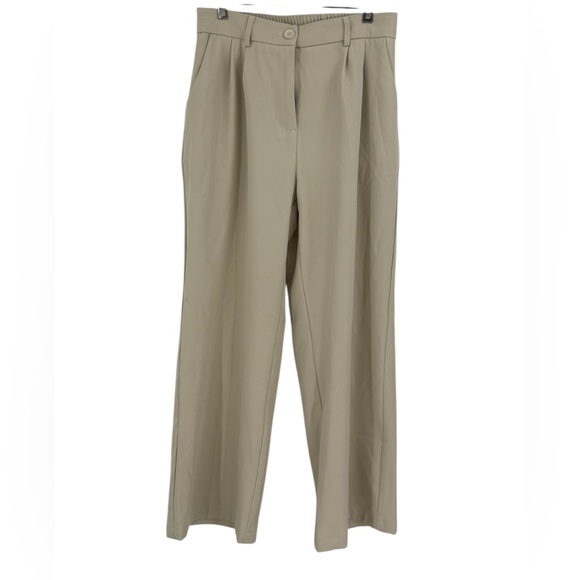 FUNYYZO Wide Leg Work Trousers High Elastic Back Waist Beige Straight Leg Pants - Picture 4 of 8